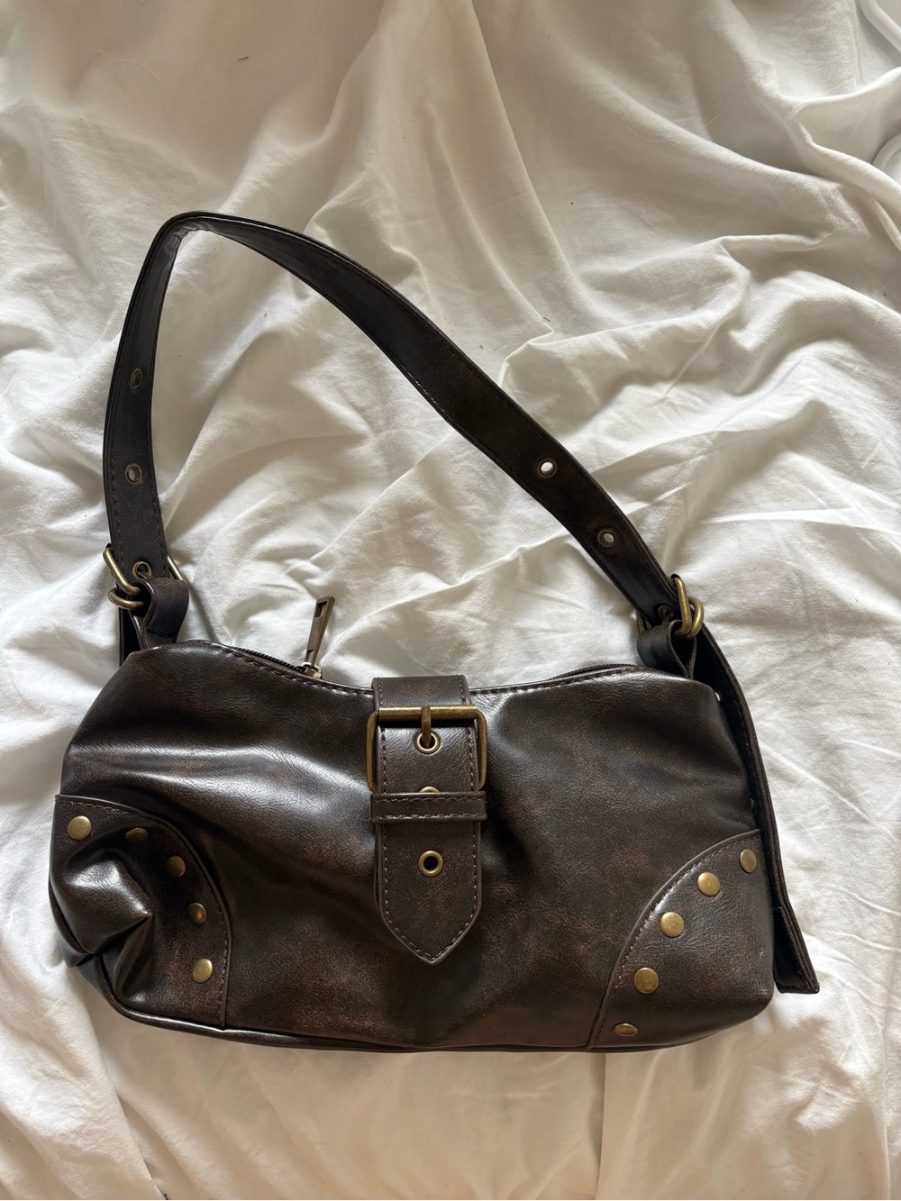 Classic Dark Brown Leather Shoulder Bag with Buckle Detail